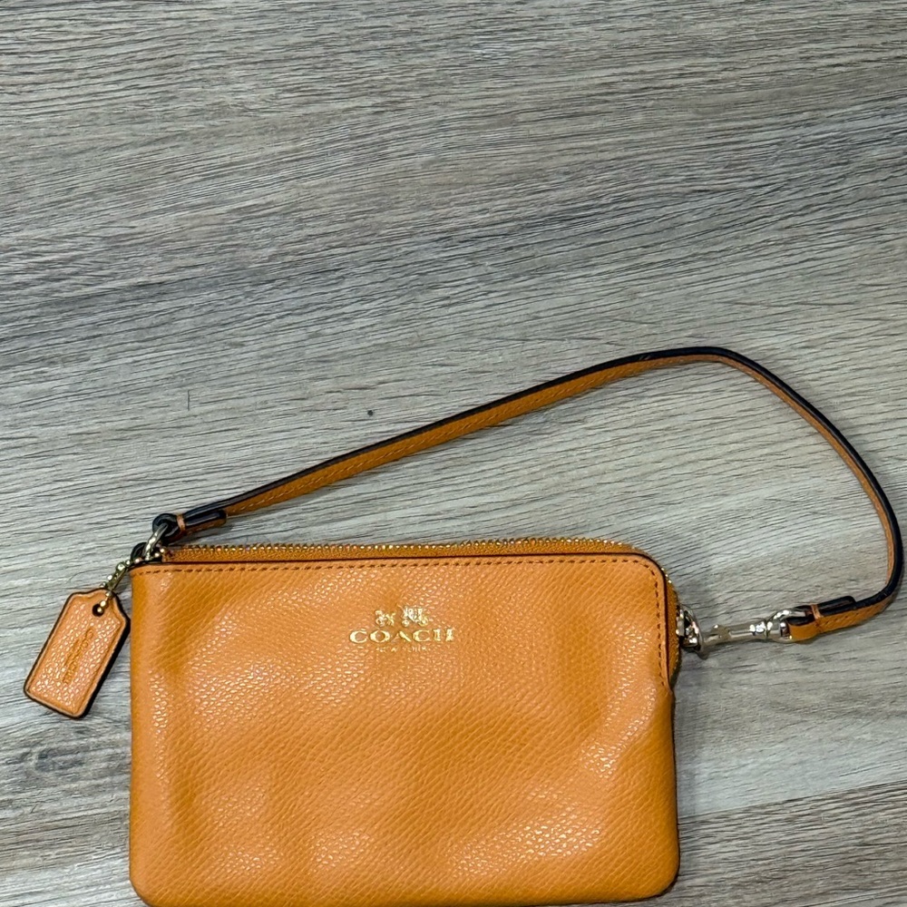 Coach Pebbled Leather Wristlet - Cognac Orange